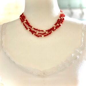 Coral chip and Pearl Necklace 18” long. Excellent condition